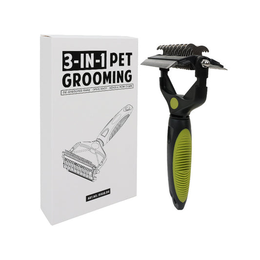 Green and Black Professional 3-in-1 Pet Grooming Tool - Dematting Rake, Deshedding Comb and Finishing Brush for Dogs and Cats