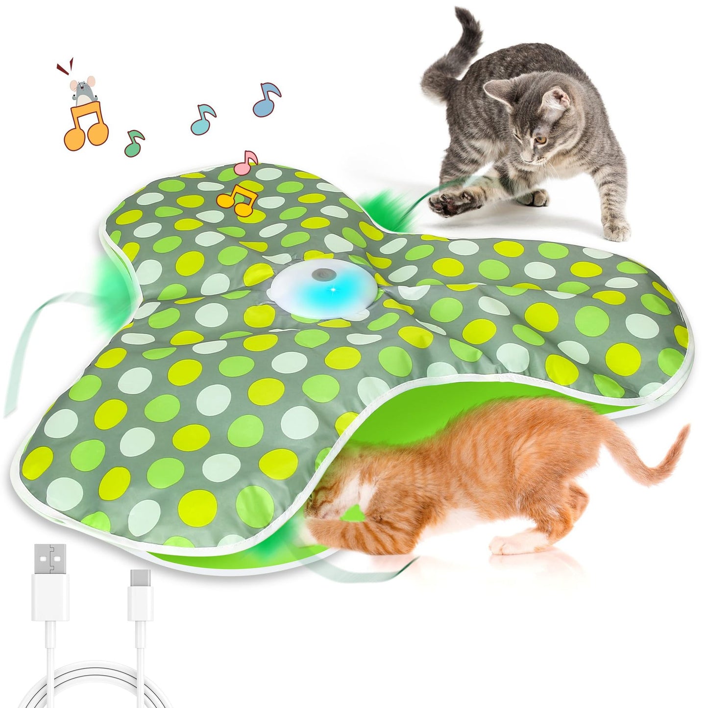 Green Indoor Interactive Cat Toys Rechargeable, Moving Concealed Feathers, Real Mouse Squeaky, Touch Activated Cat Kitten Toy, Exercise Toys for Indoor Bored Adult Cats