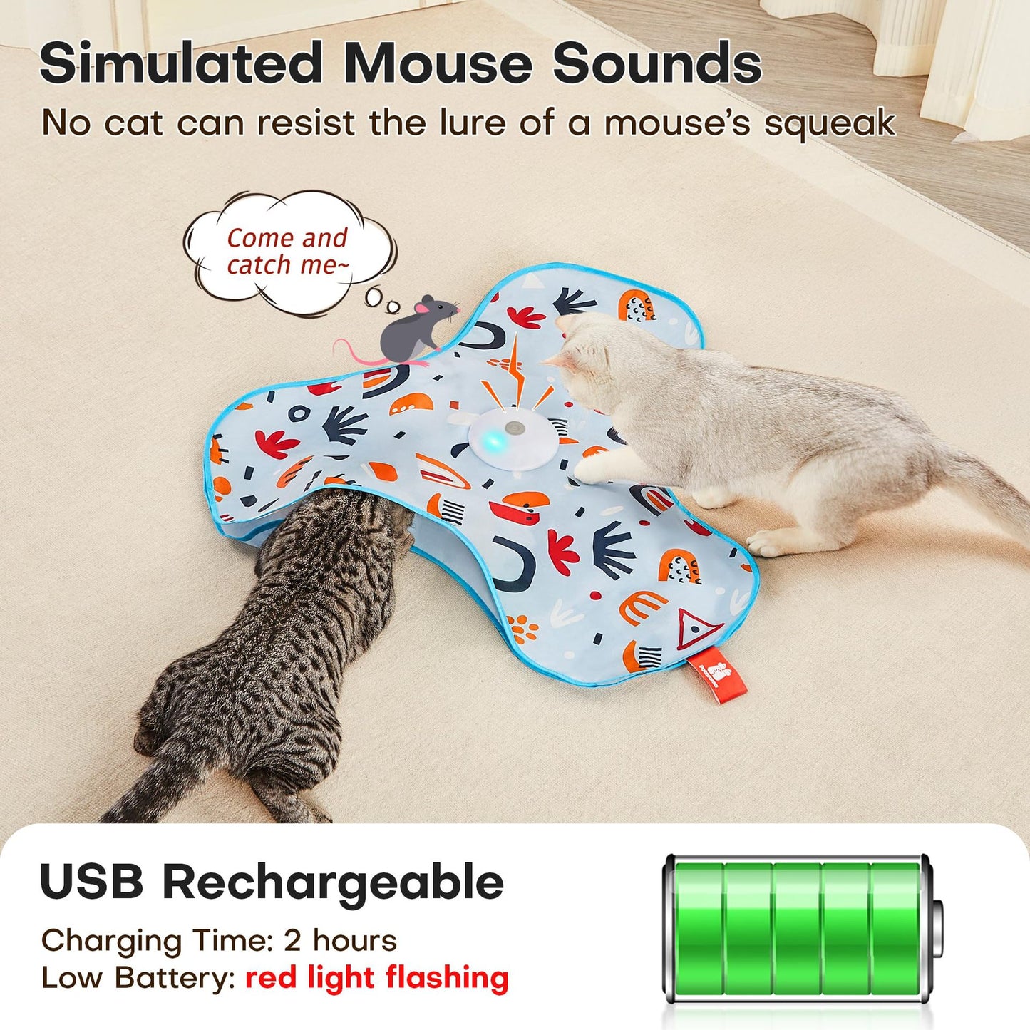 Green Indoor Interactive Cat Toys Rechargeable, Moving Concealed Feathers, Real Mouse Squeaky, Touch Activated Cat Kitten Toy, Exercise Toys for Indoor Bored Adult Cats