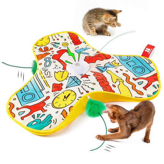 Yellow Indoor Interactive Cat Toys Rechargeable, Moving Concealed Feathers, Real Mouse Squeaky, Touch Activated Cat Kitten Toy, Exercise Toys for Indoor Bored Adult Cats