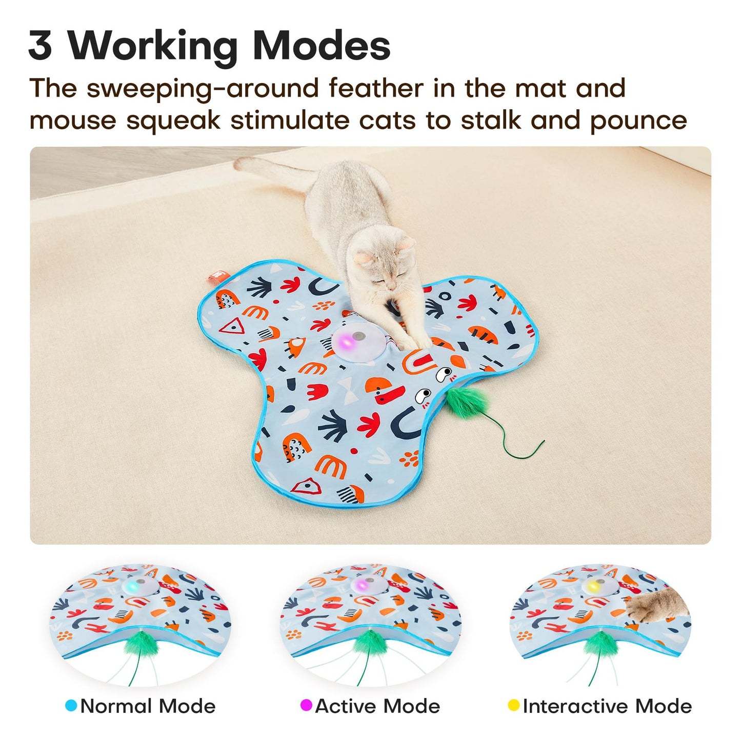 Blue Indoor Interactive Cat Toys Rechargeable, Moving Concealed Feathers, Real Mouse Squeaky, Touch Activated Cat Kitten Toy, Exercise Toys for Indoor Bored Adult Cats