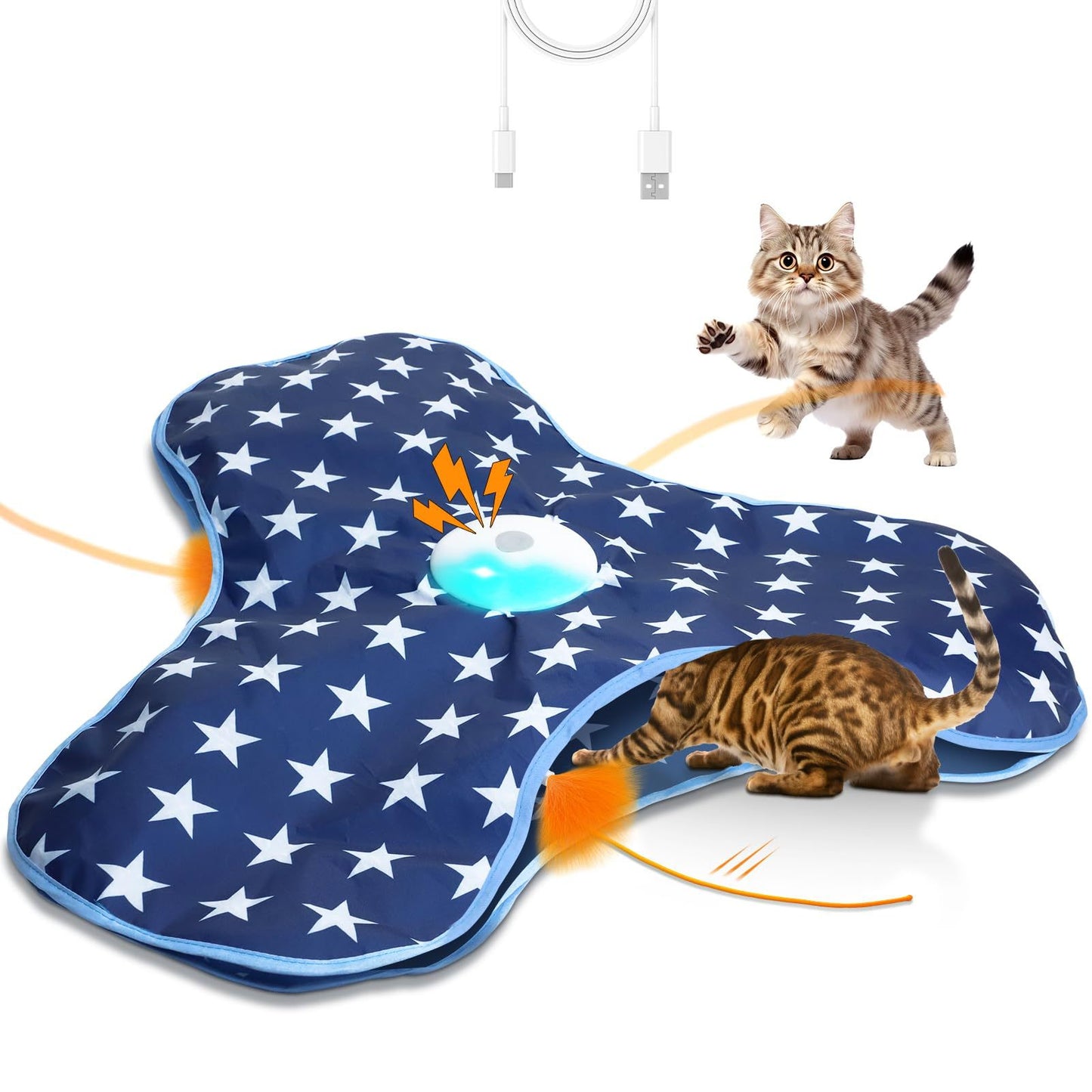 Dark Blue Indoor Interactive Cat Toys Rechargeable, Moving Concealed Feathers, Real Mouse Squeaky, Touch Activated Cat Kitten Toy, Exercise Toys for Indoor Bored Adult Cats