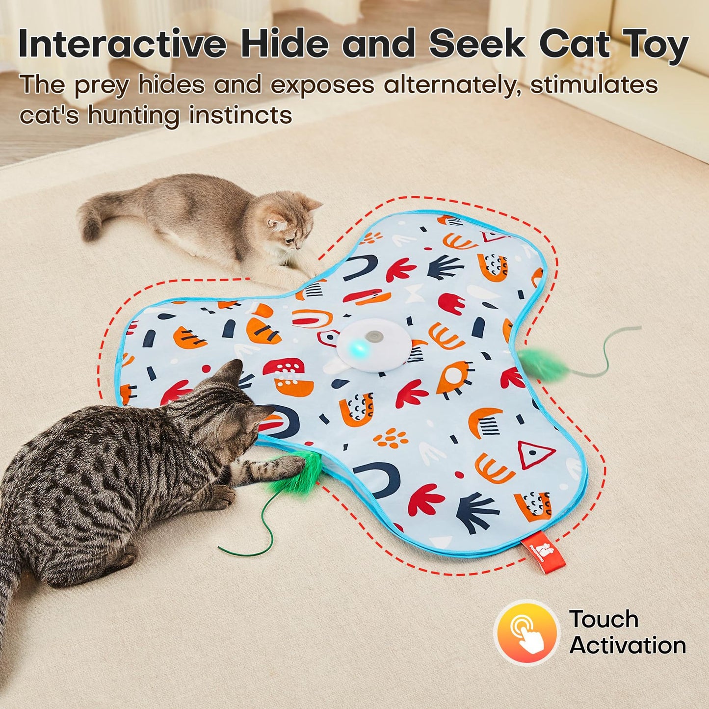 Dark Blue Indoor Interactive Cat Toys Rechargeable, Moving Concealed Feathers, Real Mouse Squeaky, Touch Activated Cat Kitten Toy, Exercise Toys for Indoor Bored Adult Cats