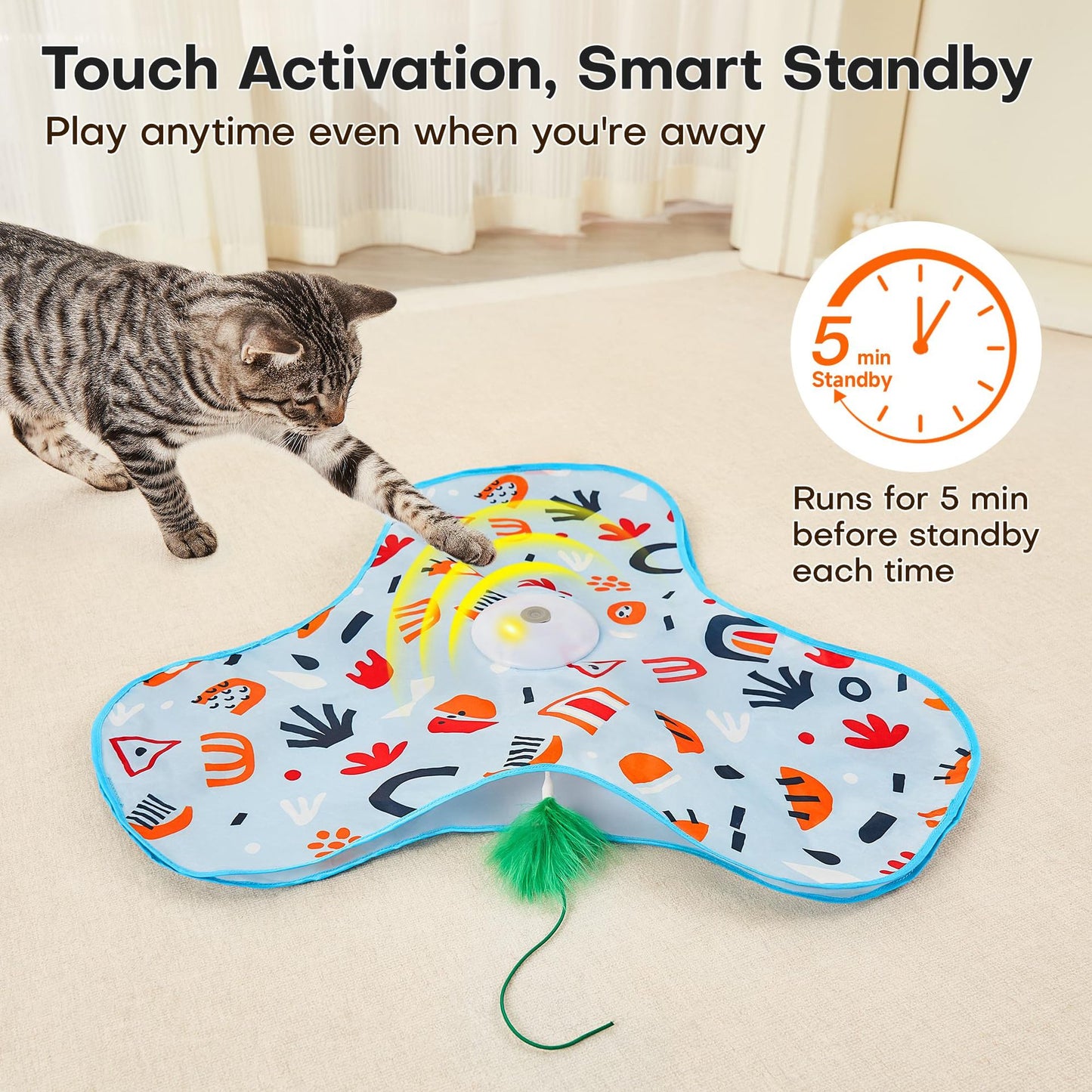 Dark Blue Indoor Interactive Cat Toys Rechargeable, Moving Concealed Feathers, Real Mouse Squeaky, Touch Activated Cat Kitten Toy, Exercise Toys for Indoor Bored Adult Cats