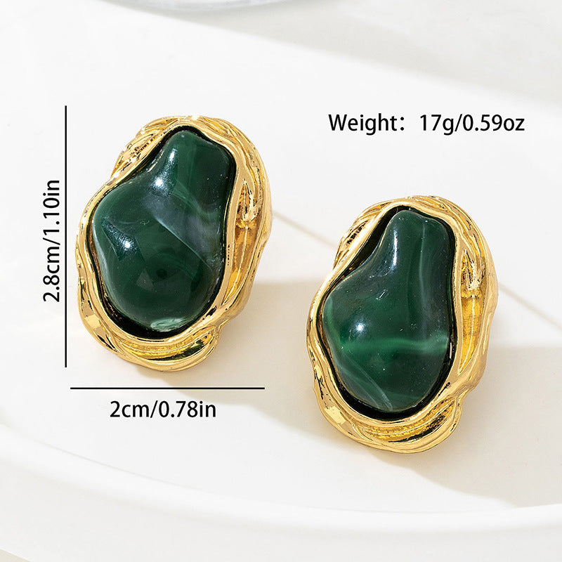 A Pair of Vintage Baroque Statement Earrings - Chunky Gold Tone Irregular Studs with Purple Faux Stone - Stainless Steel Pin Fashion Jewellery for Women