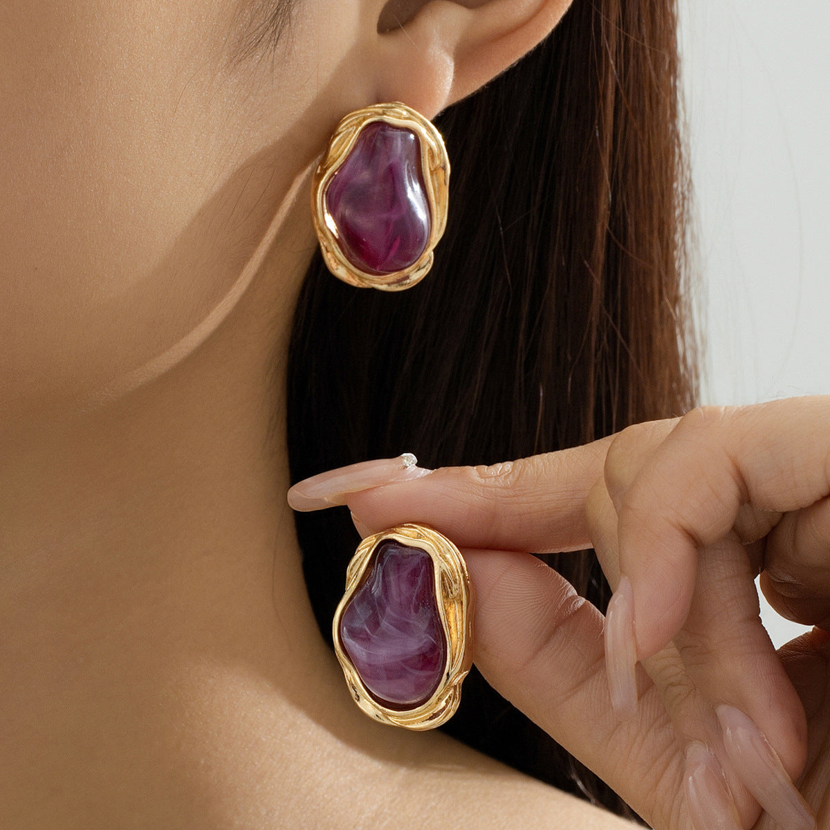 A Pair of Vintage Baroque Statement Earrings - Chunky Gold Tone Irregular Studs with Pink Faux Stone - Stainless Steel Pin Fashion Jewellery for Women